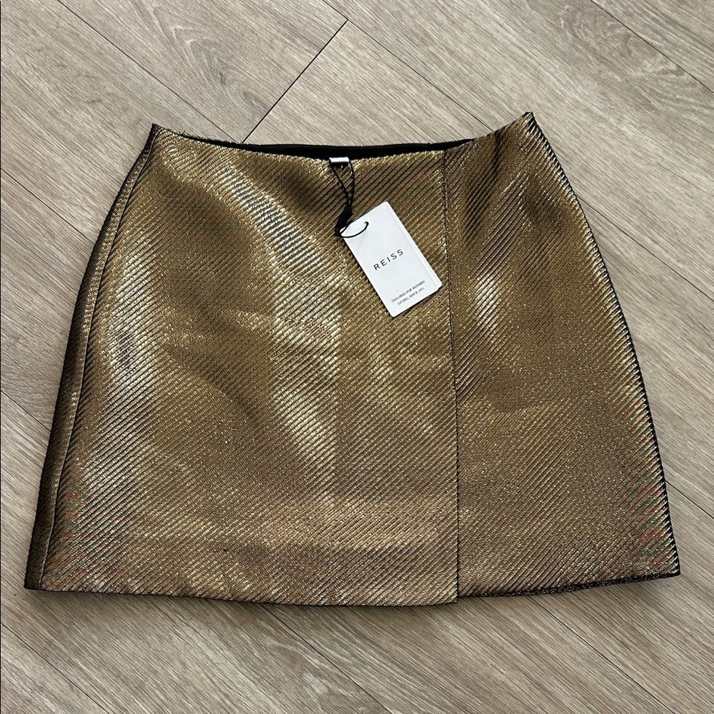 NWT Reiss Louisa Metallic Gold Wrap Mini Skirt